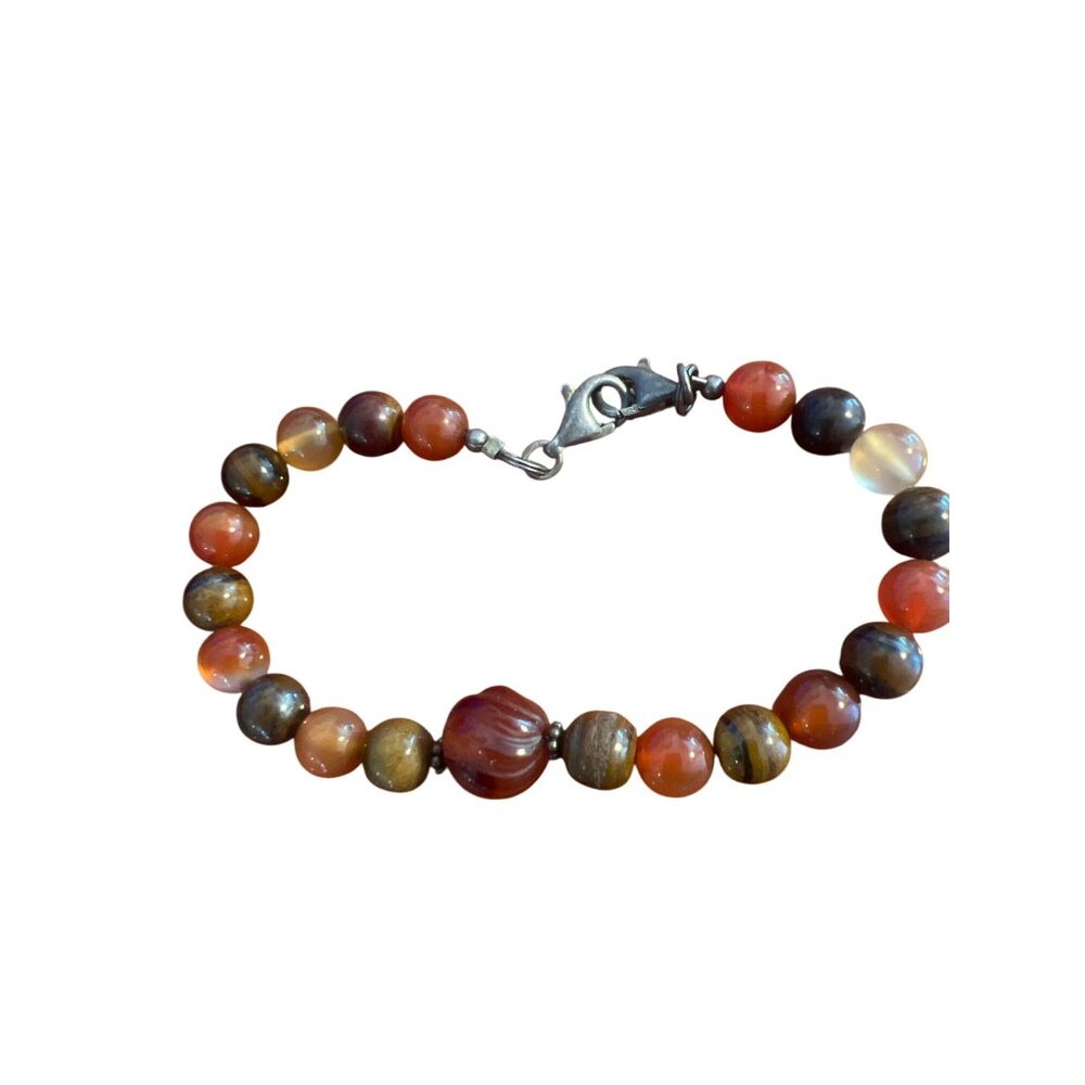 Vintage Sterling Silver Red Carnelian Bead Bracelet Center Swirl Estate 8"